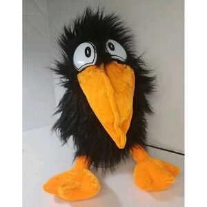 Plush Black Crow Hand Puppet Sqawks Movable Mouth Large Eyes Orange Beak Raven